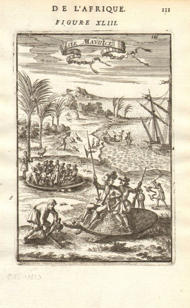 MAURITIUS. Île Maurice. Hunting birds. Riding on giant tortoise. MALLET 1683